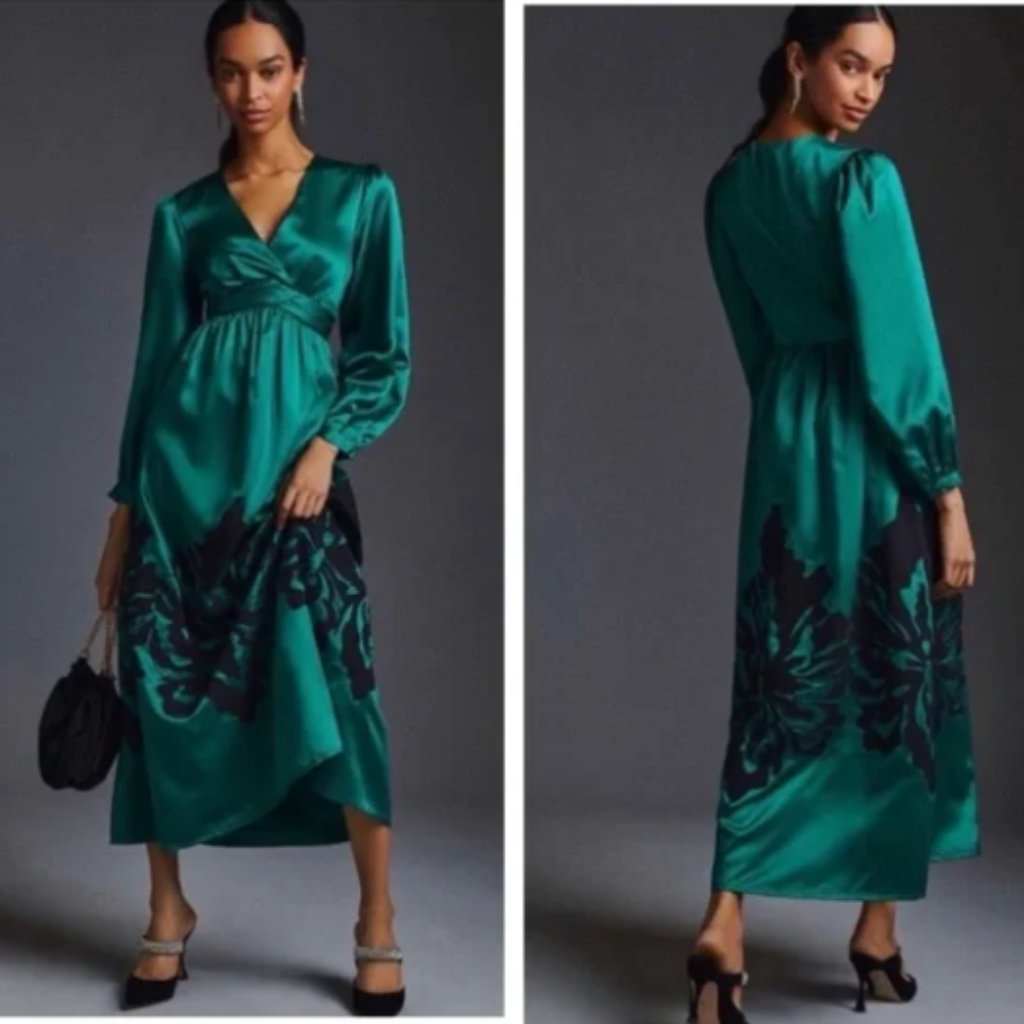 Nwt Anthropologie Nikasha Embroidered Appliqu Maxi Dress Emerald Green Size Xxs